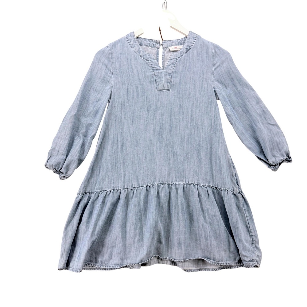 Vineyard Vines Girls Light Blue Chambray Ruffle Drop Waist Dress Size M 10-12 - Picture 2 of 10